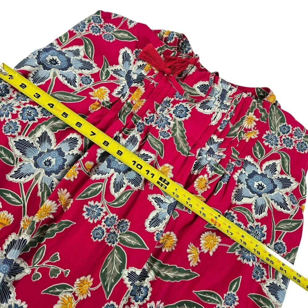 Old Navy Red Floral Boho Sleeveless Dress Womens M Rayon Tassel Tie Neck Pleated - Picture 8 of 12